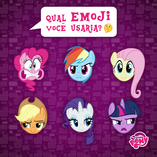 Size: 800x800 | Tagged: applejack, derpibooru import, emoji, fluttershy, frown, lidded eyes, looking at you, looking sideways, mane six, my little pony logo, official, open mouth, pinkie pie, portuguese, rainbow dash, rarity, safe, smiling, twilight sparkle