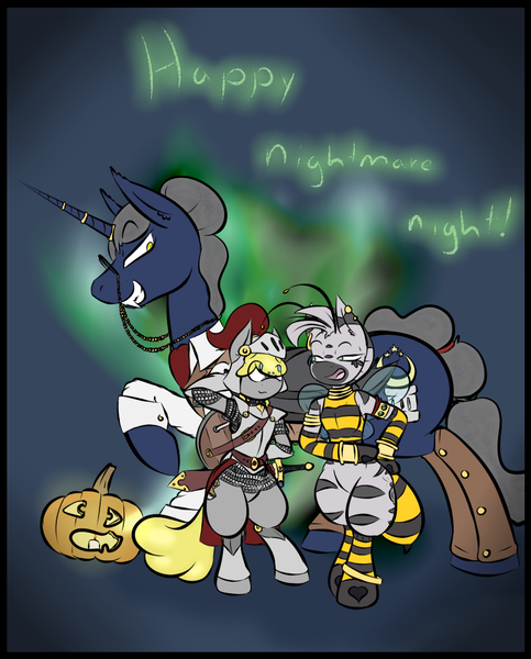 Size: 838x1042 | Tagged: safe, artist:cantershirecommons, derpibooru import, oc, oc:humble pie, oc:saros, oc:tehir, unofficial characters only, bee, pony, zebra, bipedal, clothes, costume, fantasy class, knight, nightmare night, size difference, warrior