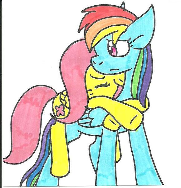 Size: 645x667 | Tagged: safe, artist:cmara, derpibooru import, fluttershy, rainbow dash, pegasus, pony, carrying, duo, female, folded wings, hug, hug from behind, mare, sad, simple background, three quarter view, traditional art, white background, wings