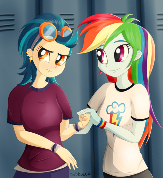 Size: 1024x1124 | Tagged: safe, artist:jabbie64, derpibooru import, indigo zap, rainbow dash, equestria girls, clothes, ear piercing, female, goggles, indigodash, lesbian, lockers, pants, piercing, shipping, shirt, wristband