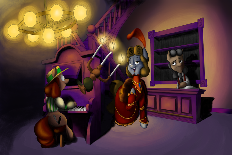 Size: 1280x853 | Tagged: safe, artist:anontheanon, derpibooru import, oc, oc:peacherine, unofficial characters only, pony, bartender, candle, clothes, dress, feather, hat, lidded eyes, necktie, open mouth, painting, phantom manor, piano, saloon, sitting, stairs, stool