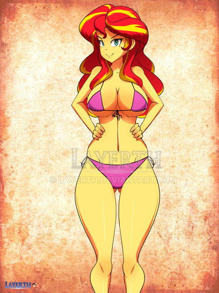 Size: 675x900 | Tagged: suggestive, artist:layerth, derpibooru import, sunset shimmer, equestria girls, big breasts, bikini, breasts, busty sunset shimmer, clothes, curvy, female, looking at you, solo, solo female, swimsuit, watermark