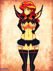 Size: 675x900 | Tagged: suggestive, artist:layerth, derpibooru import, sunset shimmer, equestria girls, ami koshimizu, anatomically incorrect, belly button, big breasts, breasts, busty sunset shimmer, clothes, costume, crossover, curvy, female, kill la kill, looking at you, midriff, ryuko matoi, senketsu, solo, solo female, underass, voice actor joke