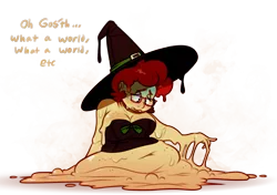 Size: 1700x1200 | Tagged: adorasexy, artist:secretgoombaman12345, chubby, cute, derpibooru import, dialogue, fat, halloween, hat, human, humanized, melting, sexy, solo, suggestive, twist, witch, witch hat