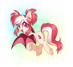 Size: 1024x929 | Tagged: safe, artist:hawthornss, derpibooru import, oc, oc:ruby skies, unofficial characters only, bat pony, pony, cute, cute little fangs, ear fluff, fangs, flying, looking at you, looking back, open mouth, simple background, smiling, solo, sparkles, spread wings, transparent background, underhoof