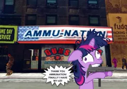 Size: 600x421 | Tagged: ammu-nation, artist:edgar546, derpibooru import, grand theft auto, gta liberty city stories, gun, gun store, hobo, safe, solo, submachinegun, twilight snapple, twilight sparkle, uzi, walking, weapon