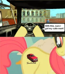 Size: 480x546 | Tagged: safe, artist:edgar546, derpibooru import, apple bloom, earth pony, pony, bmw, broken door, car, driving, female, filly, grand theft auto, gta liberty city stories, solo, vice city