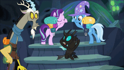 Size: 690x388 | Tagged: suggestive, artist:phucknuckl, derpibooru import, edit, edited screencap, screencap, discord, starlight glimmer, thorax, trixie, changeling, draconequus, pony, unicorn, to where and back again, animated, backpack, changeling kingdom, clothes, dialogue, discoshy, female, frown, gif, grin, image macro, implied futa, implied futashy, implied pegging, implied piracy of the butt, jewelry, male, mare, meme, necklace, no fucks, open mouth, panic, plot, raised eyebrow, reformed four, saddle bag, scarf, shipping, smiling, straight, talking, trixie's cape, trixie's hat, vulgar, wide eyes