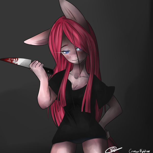 Size: 1800x1800 | Tagged: anthro, artist:crimsonnight888, blood, derpibooru import, grimdark, knife, pinkamena diane pie, pinkie pie, solo