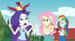 Size: 1006x553 | Tagged: safe, derpibooru import, screencap, fluttershy, rainbow dash, rarity, bird, equestria girls, legend of everfree, legend of everfree - bloopers, blooper, camp, camp everfree, camp everfree outfits, clothes, crossed arms, faic, female, ornithophobia, pine tree, scared, screaming, shocked, sky, sleeveless, songbird, spread wings, surprised, tanktop, tree, wings