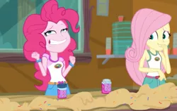 Size: 787x496 | Tagged: safe, derpibooru import, screencap, fluttershy, pinkie pie, equestria girls, legend of everfree, legend of everfree - bloopers, blooper, camp everfree, camp everfree logo, clothes, faic, female, food, giggling, laughing, sleeveless, sprinkles, tanktop, water