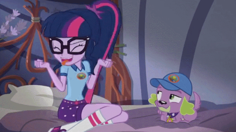 Size: 837x469 | Tagged: safe, derpibooru import, screencap, sci-twi, spike, spike the regular dog, twilight sparkle, dog, equestria girls, legend of everfree, legend of everfree - bloopers, adorkable, animated, animated actors, blooper, cute, dork, gif, tongue out, twiabetes