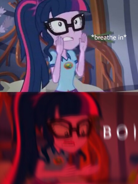 Size: 1536x2048 | Tagged: safe, derpibooru import, edit, edited screencap, screencap, sci-twi, twilight sparkle, equestria girls, legend of everfree, legend of everfree - bloopers, boi, caption, image macro, meme, motion blur, solo, text