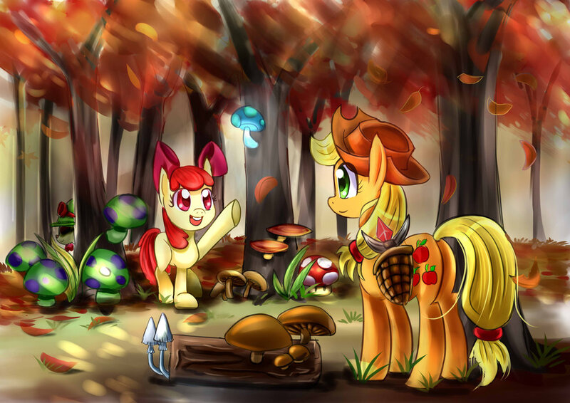 Size: 1024x724 | Tagged: apple bloom, applejack, artist:roshichen, autumn, colored pupils, derpibooru import, league of legends, mushroom, safe, super mario bros., super mushroom, teemo, this will end in tears and/or death