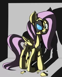 Size: 1195x1500 | Tagged: artist:shikogo, changeling, cracked, derpibooru import, disguise, disguised changeling, fake fluttershy, fluttershy, gritted teeth, scared, semi-grimdark, shadow, solo, transformation