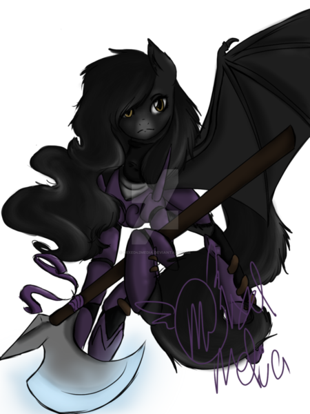 Size: 774x1032 | Tagged: safe, artist:mixed42media, derpibooru import, oc, oc:zicarna davik, unofficial characters only, bat pony, pony, armor, noctral legacy, solo, watermark, weapon