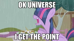 Size: 1280x720 | Tagged: safe, derpibooru import, edit, edited screencap, screencap, twilight sparkle, pony, unicorn, the ticket master, bangs, daffodil and daisy sandwich, female, food, hair over eyes, image macro, mare, meme, open mouth, rain, sandwich, skylanders, skylanders academy, solo, unicorn twilight, wet mane