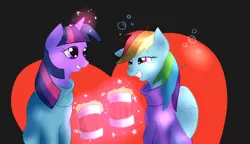 Size: 2250x1294 | Tagged: safe, artist:my-little-brony, derpibooru import, rainbow dash, twilight sparkle, pegasus, pony, cider, clothes, drunk, drunk twilight, drunker dash, female, heart, lesbian, magic, mare, pullover, shipping, smiling, telekinesis, twidash