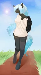 Size: 750x1350 | Tagged: anthro, anthro oc, artist:renatethepony, clothes, derpibooru import, ear fluff, oc, oc:leona mercury, off shoulder, pegasus, safe, solo, sweater, unguligrade anthro, unofficial characters only