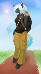 Size: 750x1350 | Tagged: anthro, anthro oc, artist:renatethepony, cargo pants, clothes, derpibooru import, ear fluff, oc, oc:leona mercury, pegasus, safe, satchel, solo, tanktop, unguligrade anthro, unofficial characters only