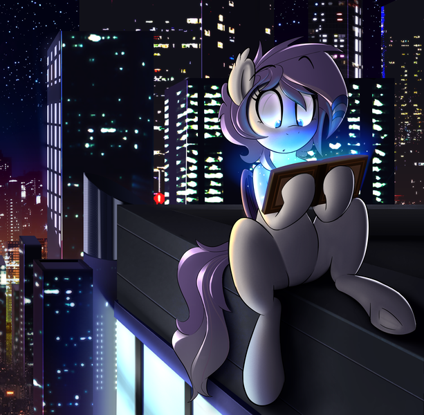 Size: 3940x3859 | Tagged: safe, artist:january3rd, derpibooru import, oc, oc:sweet tooth, unofficial characters only, bat pony, pony, book, building, glow, night, skyscraper, solo