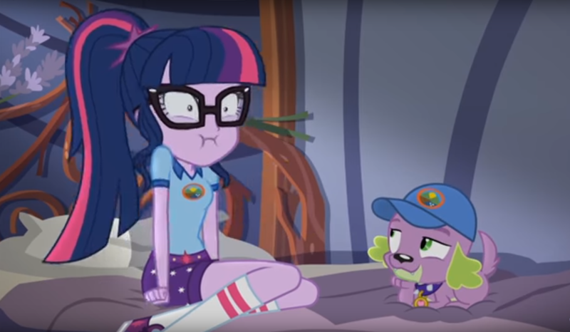 Size: 1611x938 | Tagged: safe, derpibooru import, screencap, sci-twi, spike, spike the regular dog, twilight sparkle, dog, equestria girls, legend of everfree, legend of everfree - bloopers, :i