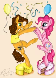 Size: 1775x2463 | Tagged: safe, artist:brush-sweep, derpibooru import, cheese sandwich, pinkie pie, pony, balloon, bipedal, cake, cheese, food