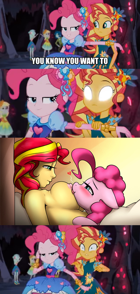 Size: 847x1768 | Tagged: questionable, artist:captainpudgemuffin, derpibooru import, edit, edited screencap, screencap, captain planet, derpy hooves, flash sentry, lyra heartstrings, paisley, pinkie pie, sunset shimmer, human, pony, equestria girls, legend of everfree, legend of everfree - bloopers, :p, bed, bedroom eyes, big breasts, blushing, breasts, busty sunset shimmer, cute, eye contact, female, floppy ears, fluffy, gradient background, heart, human on pony action, interspecies, lesbian, licking, lidded eyes, meme, nipples, nudity, offscreen character, on back, pinkie loves bacon bits, pinkie's mindspace, screencap comic, shipping, smiling, sunset sees things, sunsetpie, tired, tongue out, under the covers