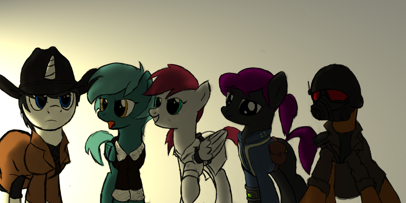 Size: 2000x1000 | Tagged: artist:grimdark-lindy, crossover, derpibooru import, fallout equestria, oc, oc:chill breeze, oc:doc violet, oc:ghost, oc:tech wonders, oc:vigil infinite, safe