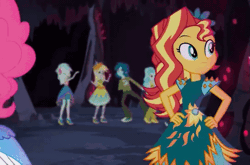 Size: 545x360 | Tagged: safe, derpibooru import, edit, edited screencap, screencap, captain planet, derpy hooves, lyra heartstrings, paisley, pinkie pie, sunset shimmer, equestria girls, legend of everfree, legend of everfree - bloopers, animated, blooper, crystal gala, dancing, eyes closed, frown, gif, reversed, sliding, smiling
