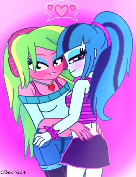 Size: 1240x1616 | Tagged: questionable, artist:cbear624, derpibooru import, lemon zest, sonata dusk, equestria girls, blushing, female, females only, headphones, heart, lemonata, lesbian, lip bite, looking at you, smiling