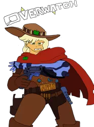 Size: 2668x3605 | Tagged: safe, artist:missmayaleanne, derpibooru import, part of a set, applejack, equestria girls, amputee, cape, cigar, clothes, crossover, gun, holster, jesse mccree, looking at you, mccreejack, overwatch, prosthetic arm, prosthetic limb, prosthetics, simple background, solo, transparent background, weapon