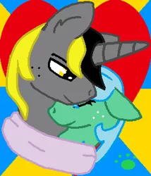 Size: 290x339 | Tagged: safe, derpibooru import, oc, unofficial characters only, pegasus, pony, unicorn, clothes, cuddling, female, freckles, heart, male, relationship, scarf, snuggling, stolen art, straight, yellow eyes