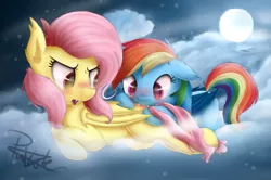 Size: 4000x2660 | Tagged: safe, artist:pucksterv, derpibooru import, fluttershy, rainbow dash, bat pony, pony, bat ponified, biting, blushing, butt bite, cloud, cute, dashabetes, female, floppy ears, flutterbat, flutterdash, lesbian, mare, moon, night, nom, open mouth, race swap, rainbowbat, shipping, shyabates, shyabetes