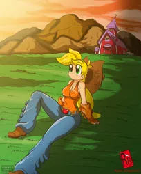 Size: 1735x2126 | Tagged: applejack, artist:ryured, breasts, busty applejack, cleavage, clothes, derpibooru import, female, field, human, humanized, jeans, looking up, pants, safe, sitting, solo, sweet apple acres, tanktop