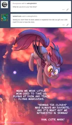 Size: 800x1375 | Tagged: safe, artist:1trick, derpibooru import, oc, oc:night stitch, unofficial characters only, bat pony, pony, ask night stitch, ask, cloud, cute, dusk, evening, floppy ears, flying, happy, looking down, moon, open mouth, prehensile tail, sky, smiling, solo, spread wings, stars, tumblr