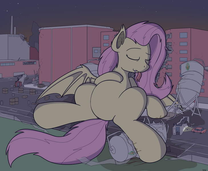 Size: 2440x2008 | Tagged: semi-grimdark, suggestive, artist:rapidstrike, derpibooru import, part of a set, fluttershy, bat pony, pony, series:giant flutterbat, belly, building, bus, car, cider, city, destruction, eyes closed, fangs, fetish, flutterbat, flutterpred, food coma, giant pony, implied death, implied digestion, macro, part of a series, ponies eating humans, post-vore, sleeping, solo, street, tank (container), tongue out, vore