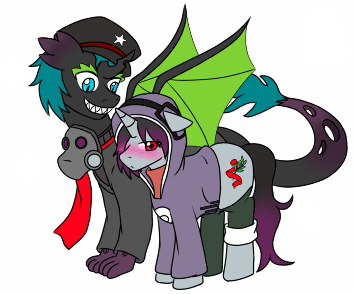 Size: 1163x967 | Tagged: safe, artist:jolliapplegirl, derpibooru import, oc, oc:illusive spark, oc:olive branch, unofficial characters only, pony, unicorn, best friends, blushing, changeling hybrid, changeling oc, clothes, cosplay, costume, dragon hybrid, fangs, gas mask, grin, halloween, hoodie, interspecies offspring, kagerou days, kagerou project, kido tsubomi, magical gay spawn, mask, next generation, nightmare night, offspring, parent:amber leaf, parent:golden laurel, parent:king sombra, parent:spike, parent:thorax, parents:thoraxspike, romantically apocalyptic, scarf, smiling, socks, wings, zee captain