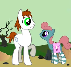 Size: 687x642 | Tagged: safe, artist:vorian caverns, derpibooru import, oc, oc:able, oc:vorian caverns, unofficial characters only, earth pony, pegasus, pony, fallout equestria, brown hair, curly hair, cute, cutie mark, dead tree, dirt path, eye contact, female, green eyes, leaning forward, looking at each other, looking down, looking up, male, mare, pink hair, purple eyes, raised hoof, rock, saddle bag, short, short hair, simple background, smiling, stallion, striped legs, tree, unsure, wavy mouth, wide eyes, young