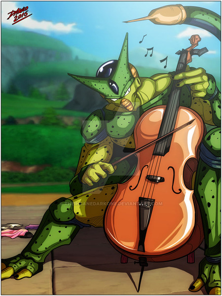 Size: 600x800 | Tagged: artist:theinsanedarkone, cell (dbz), cell just wouldn't stop messing with octavia, cello, clothes, comic, crossover, dark comedy, derpibooru import, dragon ball z, imperfect cell, implied octavia, musical instrument, music notes, part of a set, pun, semi-grimdark, shoes, victims from another universe, watermark