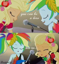 Size: 750x818 | Tagged: safe, artist:@xappulsx, derpibooru import, edit, edited screencap, screencap, applejack, rainbow dash, equestria girls, legend of everfree, clothes, clothes swap, discovery kids, eyes closed, female, legend you were meant to be, microphone, open mouth