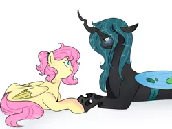 Size: 1024x768 | Tagged: safe, artist:howlingatthemoon654, artist:soft-arthropod, derpibooru import, fluttershy, queen chrysalis, changeling, changeling queen, pegasus, pony, alternate hairstyle, beautiful, blushing, chrysashy, crack shipping, cute, cutealis, eye contact, female, hoof hold, lesbian, looking at each other, mare, open mouth, shipping, shyabetes, simple background, white background