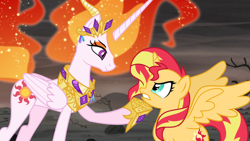 Size: 8000x4500 | Tagged: safe, artist:orin331, derpibooru import, edit, edited screencap, screencap, nightmare star, princess celestia, sunset shimmer, alicorn, pony, the cutie re-mark, absurd resolution, alicornified, alternate timeline, alternate universe, ashlands timeline, barren, crying, evil, fiery teacher and apprentice, implied genocide, mane of fire, post-apocalyptic, race swap, raised hoof, shimmercorn, wasteland