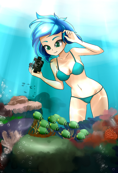 Size: 1459x2124 | Tagged: artist:twilite-sparkleplz, belly button, bikini, breasts, camera, clothes, derpibooru import, female, fish, free diving, human, humanized, midriff, oc, ocean, oc:mint leaf, solo, solo female, suggestive, swimsuit, underwater, unofficial characters only