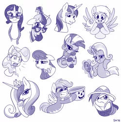 Size: 1200x1204 | Tagged: safe, artist:sorcerushorserus, derpibooru import, daring do, derpy hooves, moondancer, octavia melody, princess cadance, rarity, scootaloo, shining armor, trixie, vapor trail, zecora, pony, unicorn, zebra, angry, annoyed, bedroom eyes, blushing, bound, bowtie, bucket, bust, clothes, crying, cute, food, frown, glasses, halloween, halloween costume, levitation, lidded eyes, lineart, liquid pride, looking at you, magic, measuring tape, mirror, monochrome, muffin, open mouth, portrait, rope, shout, shy, simple background, sleepy, smiling, telekinesis, that pony sure does love muffins, tied up, white background, wide eyes, wonderbolts uniform