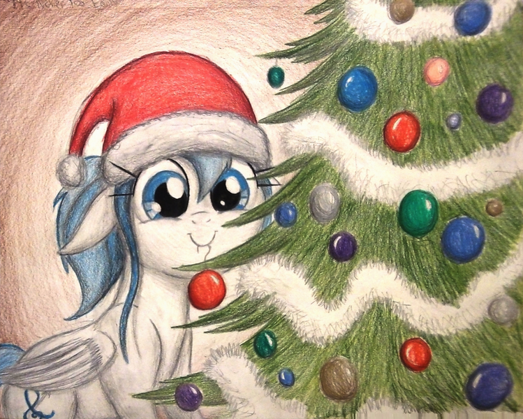 Size: 1328x1064 | Tagged: safe, artist:thefriendlyelephant, derpibooru import, oc, oc:lesa castle, unofficial characters only, pegasus, pony, christmas, christmas tree, commission, floppy ears, hat, ornament, santa hat, solo, tinsel, traditional art, tree