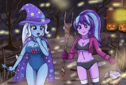 Size: 3507x2362 | Tagged: suggestive, artist:sumin6301, derpibooru import, starlight glimmer, trixie, equestria girls, the cutie map, adorasexy, basket, belly button, black underwear, bra, breasts, busty starlight glimmer, busty trixie, cleavage, clothes, cute, equestria girls-ified, female, gloves, halloween, house, jack-o-lantern, leotard, magician outfit, midriff, open mouth, panties, pumpkin, s5 starlight, sexy, socks, staff, staff of sameness, thigh highs, trixie's cape, trixie's hat, underwear, wand