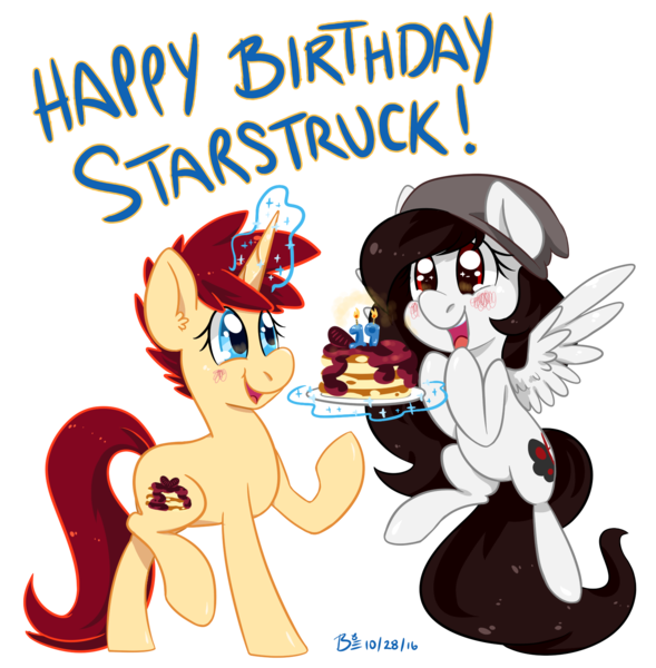 Size: 1644x1674 | Tagged: safe, artist:bloodorangepancakes, derpibooru import, oc, oc:ruby pancakes, oc:starstruck symphony, unofficial characters only, pegasus, pony, unicorn, birthday, food, pancakes