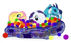 Size: 1165x719 | Tagged: ball pit, crossing the memes, dashcon, derpibooru import, disguise, dragon, emball, exploitable meme, flutterball, fluttershy, gauntlet of fire, meme, paper-thin disguise, princess ember, rariball, rarity, safe, simple background, smiling, the gift of the maud pie, white background