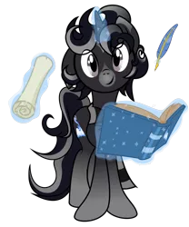 Size: 2354x2827 | Tagged: safe, artist:avarick, derpibooru import, oc, oc:mythical spell, unofficial characters only, pony, unicorn, book, clothes, looking at you, magic, quill, scarf, scroll, simple background, smiling, solo, transparent background